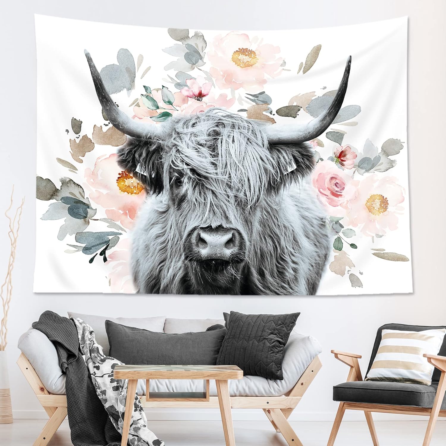 Tapestries - AMBZEK Highland Cow Tapestry Floral 51Hx59W Inch Western Country Wall Art Funny Tapestry Bull Cattle Rustic Farmhouse Wildlife Flowers Cute Animal Farm Wall Hanging Bedroom Living Room Decor Fabric