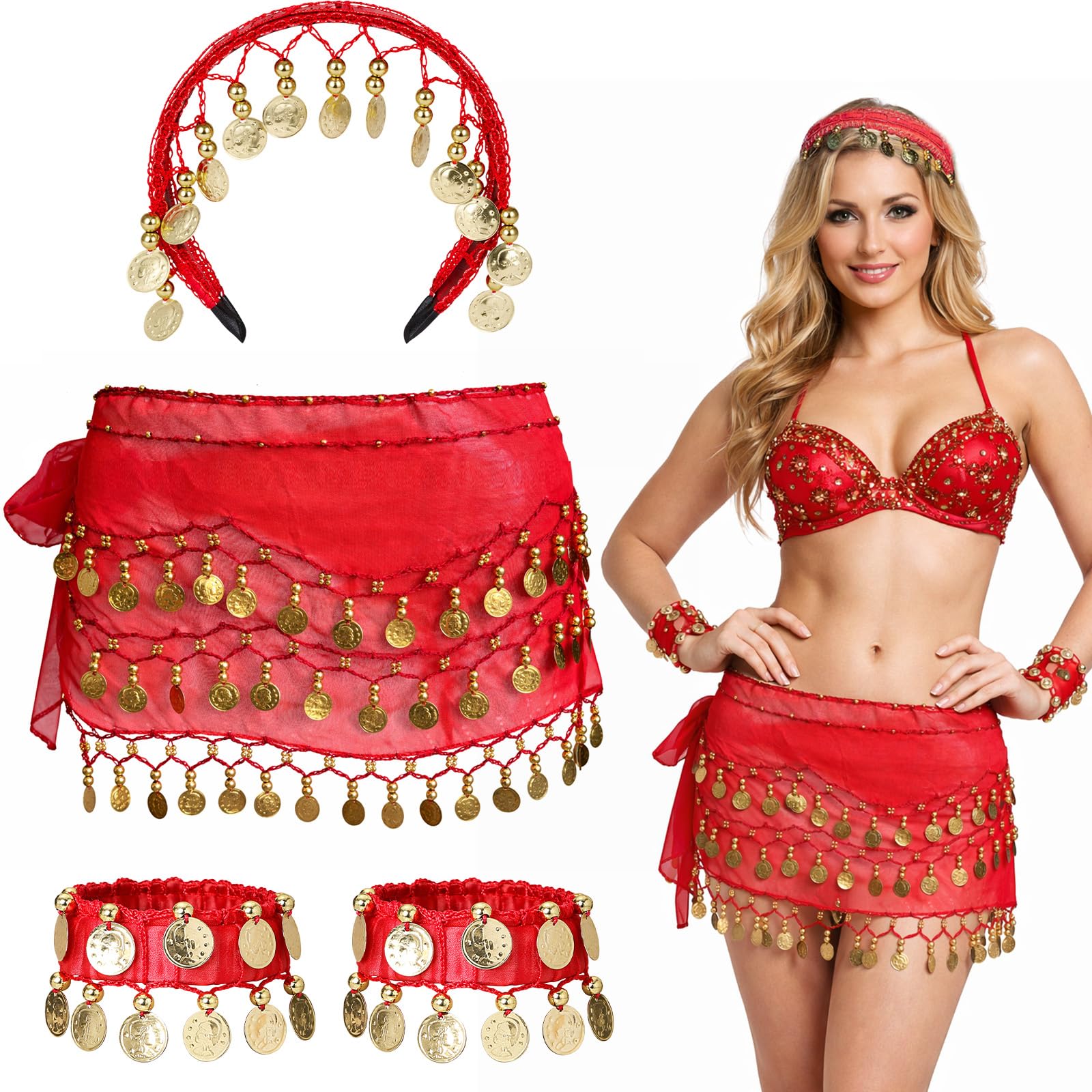 GWAWG Belly Dancer Costume Women, Belly Dance Coin Headpiece, Hip Scarf and Bracelets for Belly Dance, Zumba or Yoga Class, Performance