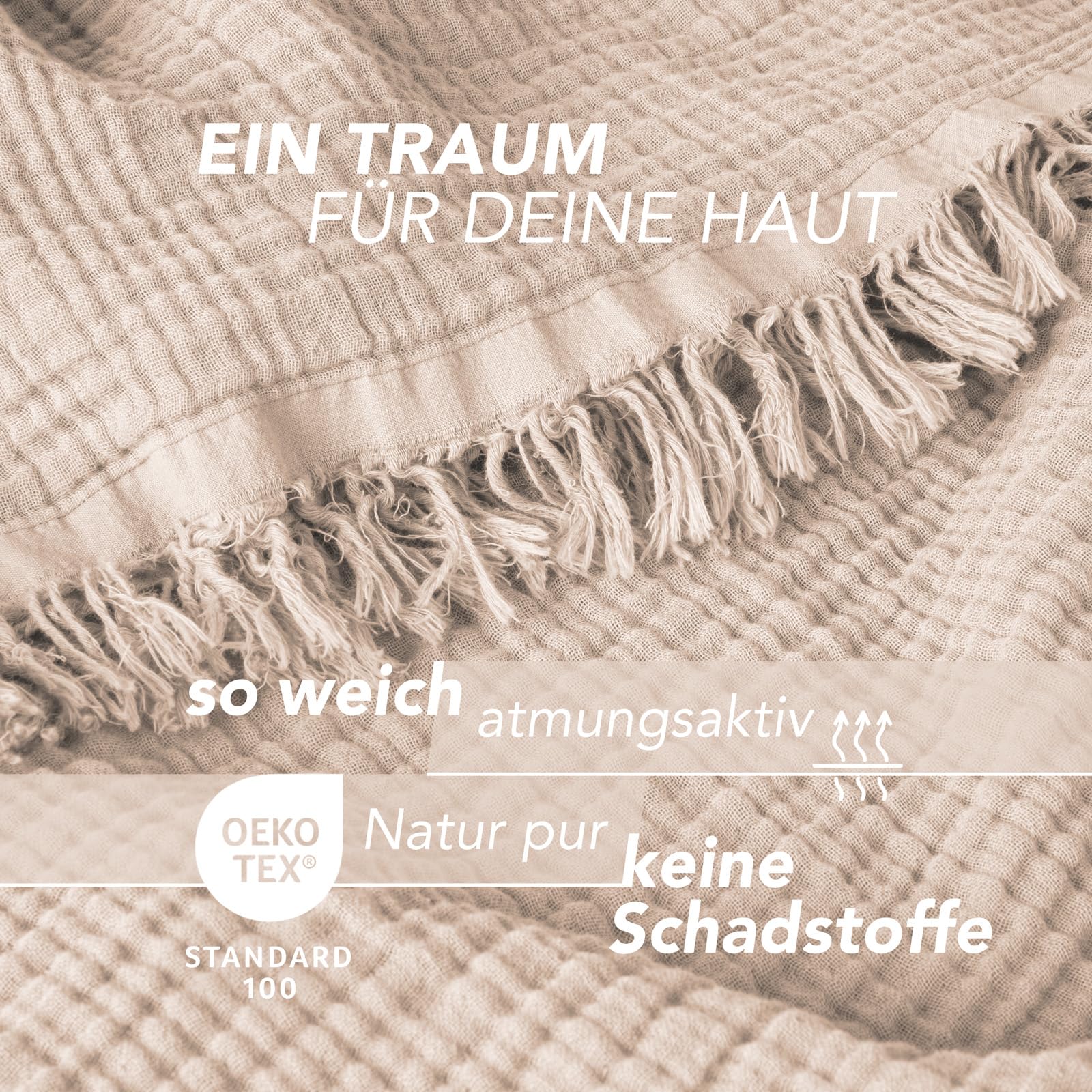 Pure Label Musselin Decke 220x240cm - Oeko-Tex zertifizierte Tagesdecke aus 100% Baumwolle | Musselin Wohn- & Kuscheldecke für Couch und Sofa in XXL | 220 x 240 cm, Farbe der Decke Beige 5