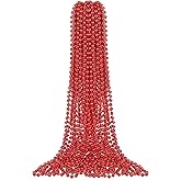 Junkin 24 Pcs Red Mardi Gras Beads 33'' 7 mm Metallic Party Beaded Necklaces Bulk Garland Costume Accessory for Halloween Christmas New Year Operation Showbox Carnival Party Favor