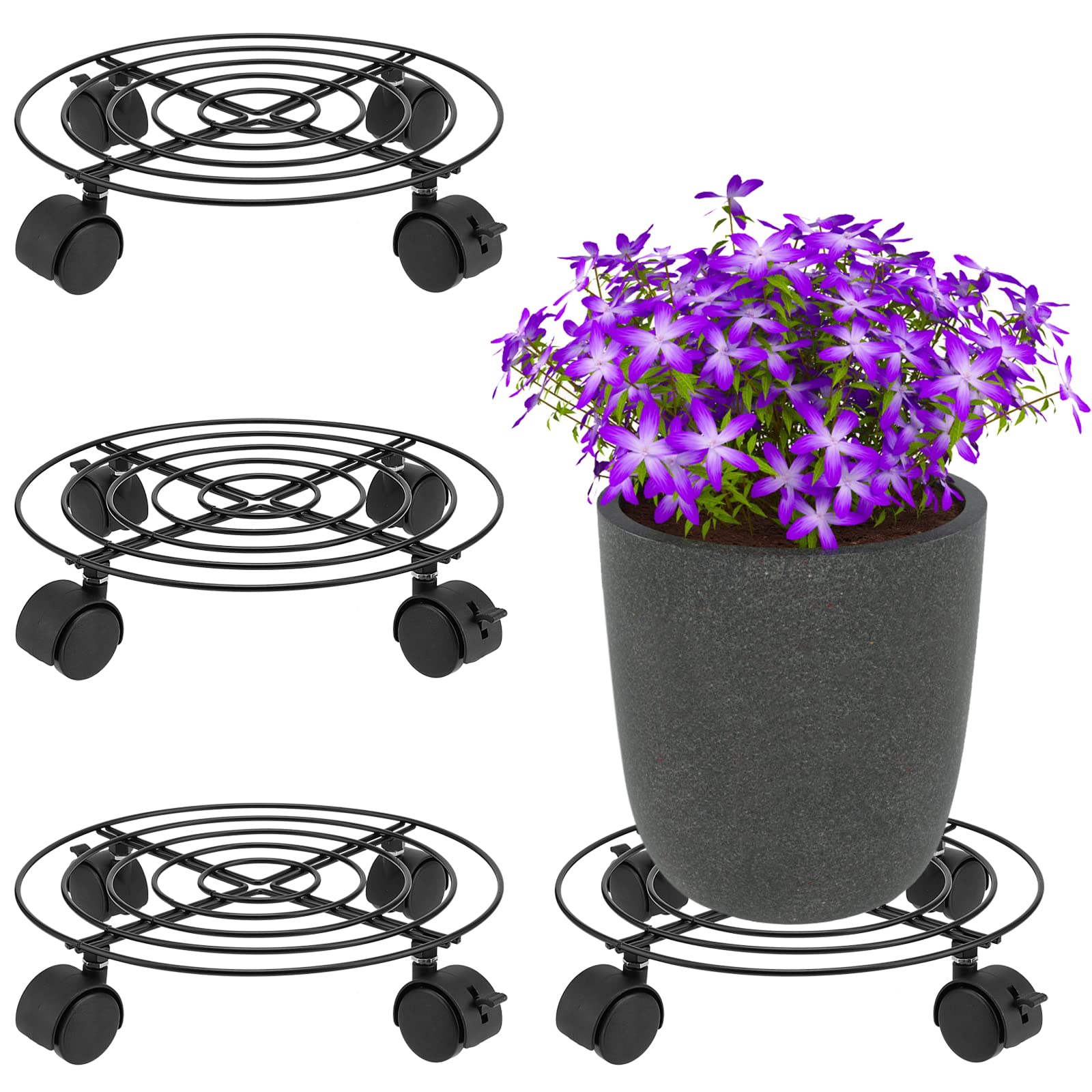 MUKLEI 4 Pack 27 cm Diameter Metal Plant Caddy, Rolling Plant Stands, Round Plant Dolly with Lockable Wheels, Flower Pots Holder on Wheels for Indoor and Outdoor Use, Black
