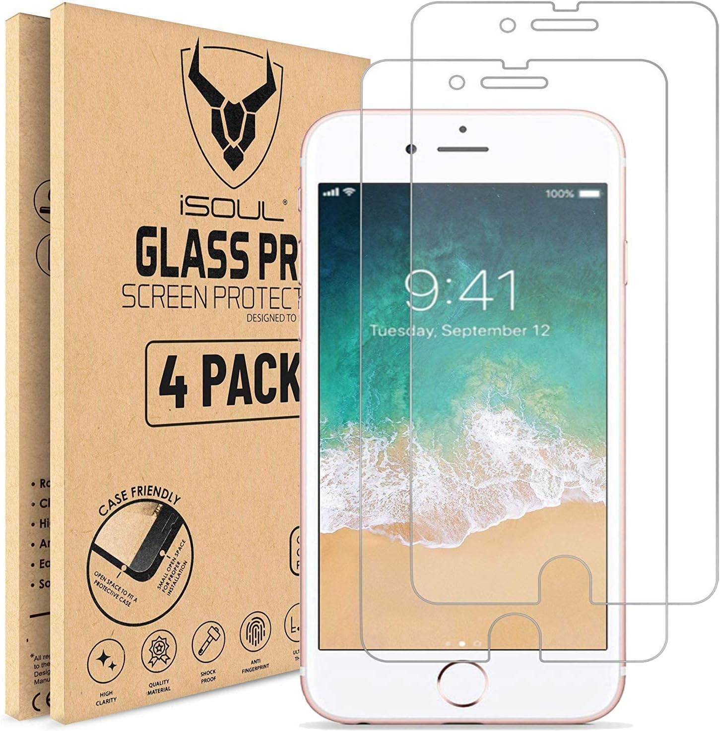 iSOUL Screen Protector for iPhone 8 and iPhone 7, iPhone 6s, iPhone 6, 4.7-Inch, Case Friendly, Tempered Glass Film, 4-Pack