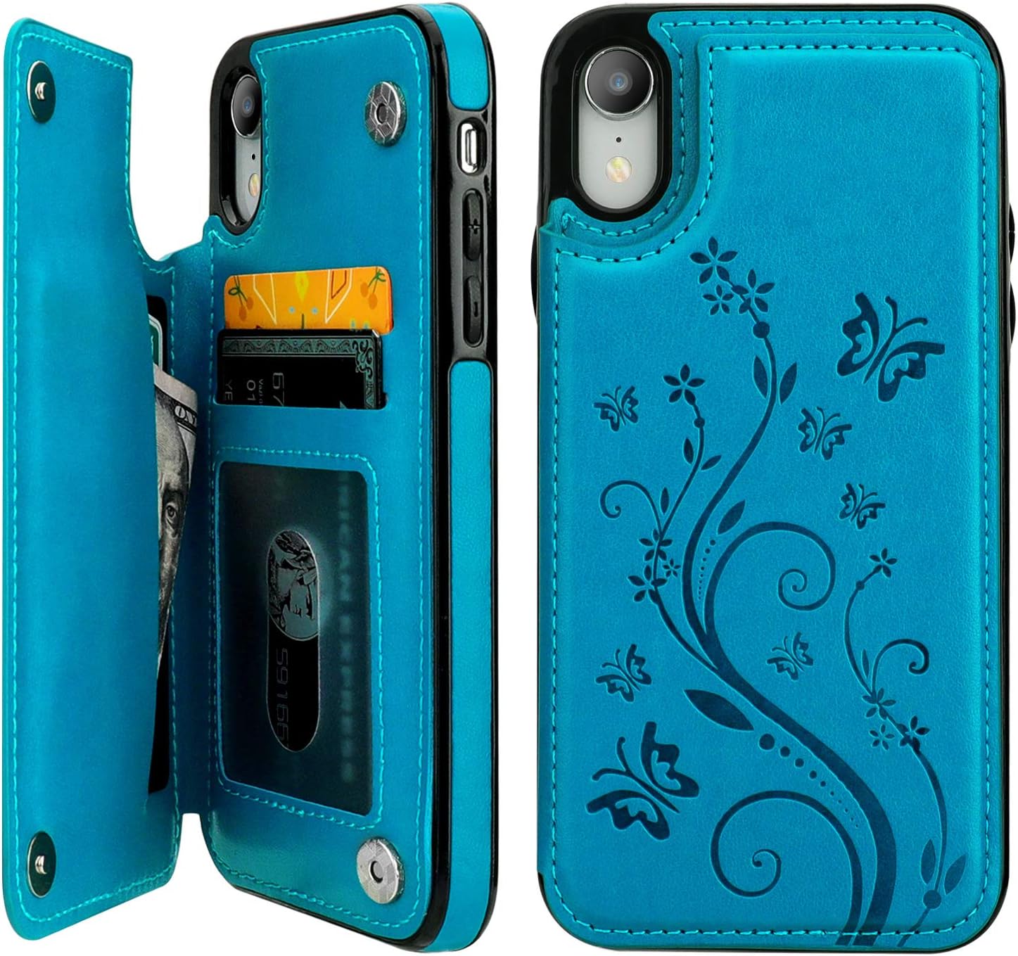 Vaburs iPhone Xr Case Wallet with Card Holder, Embossed Butterfly Premium PU Leather Double Magnetic Buttons Flip Shockproof Protective Case Cover for iPhone Xr (6.1", Blue)