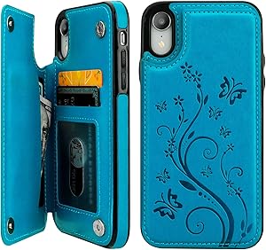 Vaburs iPhone Xr Case Wallet with Card Holder, Embossed Butterfly Premium PU Leather Double Magnetic Buttons Flip Shockproof Protective Case Cover for iPhone Xr (6.1", Blue)