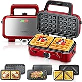 FOHERE 3-in-1 Waffle Maker, Sandwich Maker, Panini Press with Removable Plates, 5-Gear Temperature, LED Indicator Lights, Por