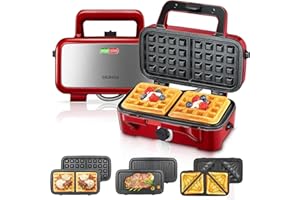 FOHERE 3-in-1 Waffle Maker, Sandwich Maker, Panini Press with Removable Plates, 5-Gear Temperature, LED Indicator Lights, Por