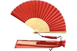 FANSOF.FANS Fabric Handheld Folding Hand Fan With a Tassel Grade A Bamboo Ribs for Women Girls Summer Party Event Favor Birthday Wedding Souvenir Gift (Red)