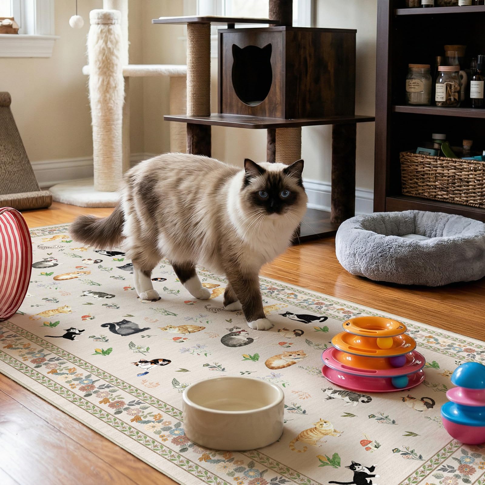 3x7 Washable Kitchen Runner Rug - Soft Low Pile Floral Animal Cat Print Rugs with Non-Slip Backing Waterproof Stain-Resistant Indoor Carpet for Hallway Entryway Bathroom Bedroom (Light Beige) Image