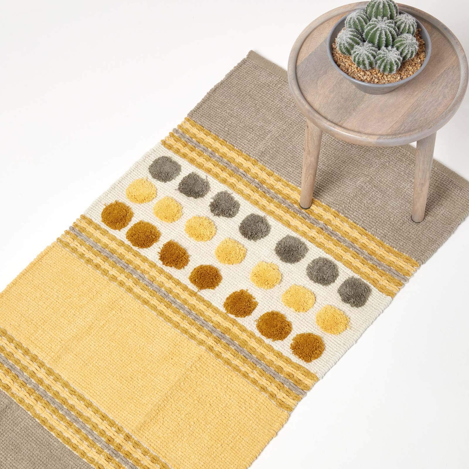 HOMESCAPES Grey Ochre Yellow Modern Cotton Chenille Hall Runner 66 x 200cm Tufted Circles & Hand Woven Striped Hallway Rug