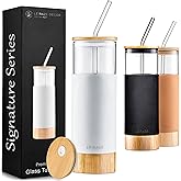 Premium 20oz Glass Tumbler Cup with Straw and Bamboo Lid & Base with Protective Silicone Sleeve - BPA Free - Growler Water Bottle Reusable Drinking Glasses Cup for Iced Tea, Coffee, Smoothie - White