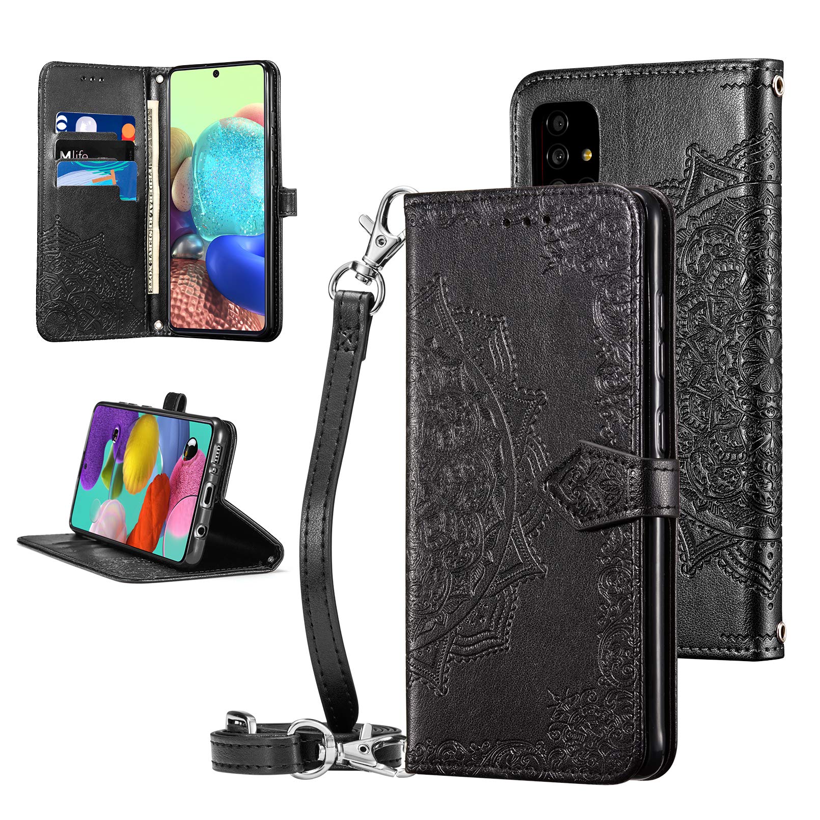 QLTYPRI Case for Samsung Galaxy A51, Premium Leather Wallet Case Card Holder Shoulder Strap Embossed Flower Pattern Magnetic Protective Cover for Samsung Galaxy A51 - Black
