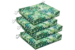 downluxe Outdoor Chair Cushions Set of 4 for Patio Furniture, Waterproof Square Corner Patio Chair Cushions with Ties, Memory Foam Outdoor Seat Cushion, 18.5" X 16" X 3", Palm Leaves