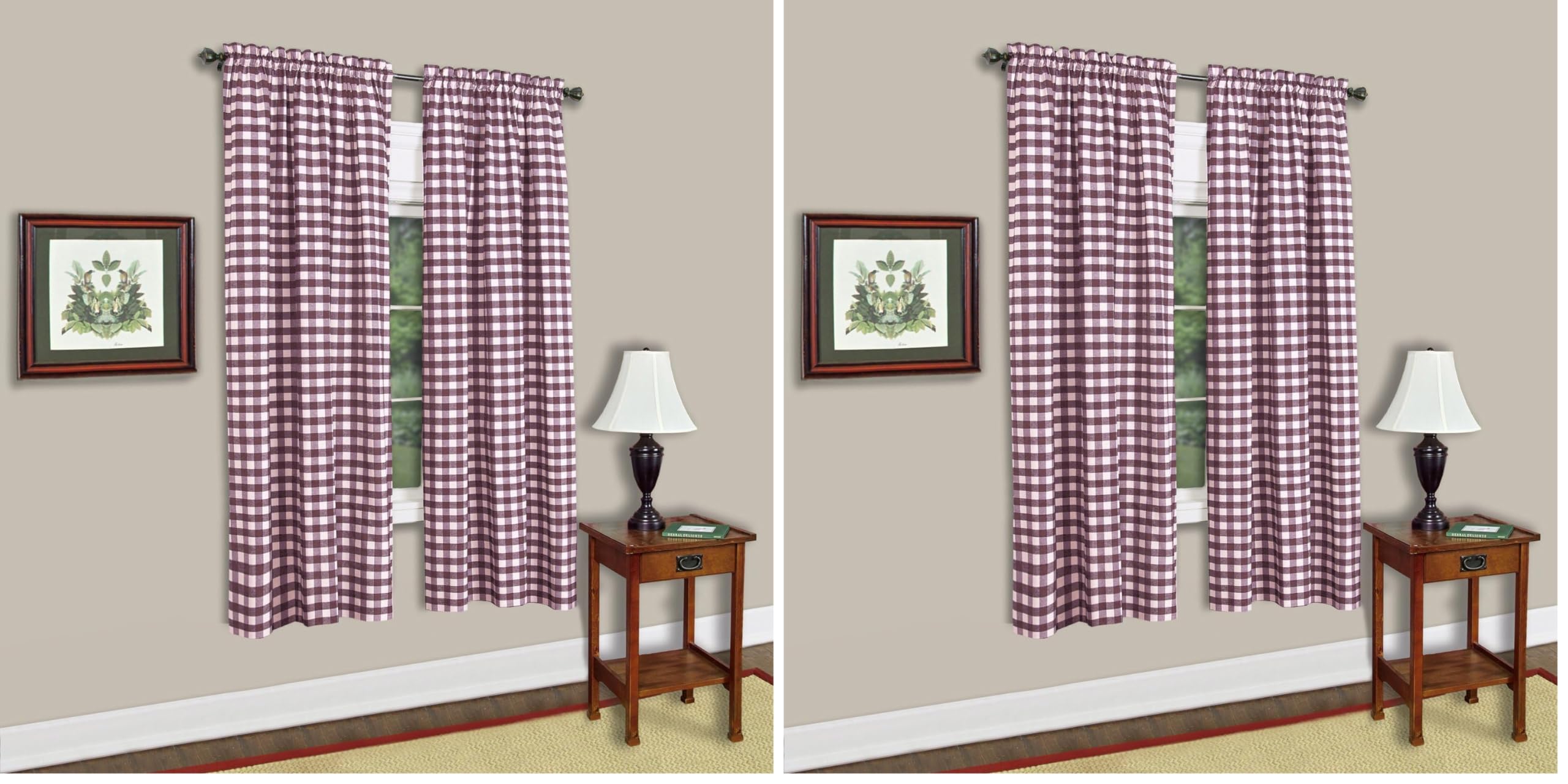 Sweet Home Collection Kitchen Window Curtain Panel Treatment Decorative Buffalo Check Design 63" Long Burgundy (Pack of 2) Image