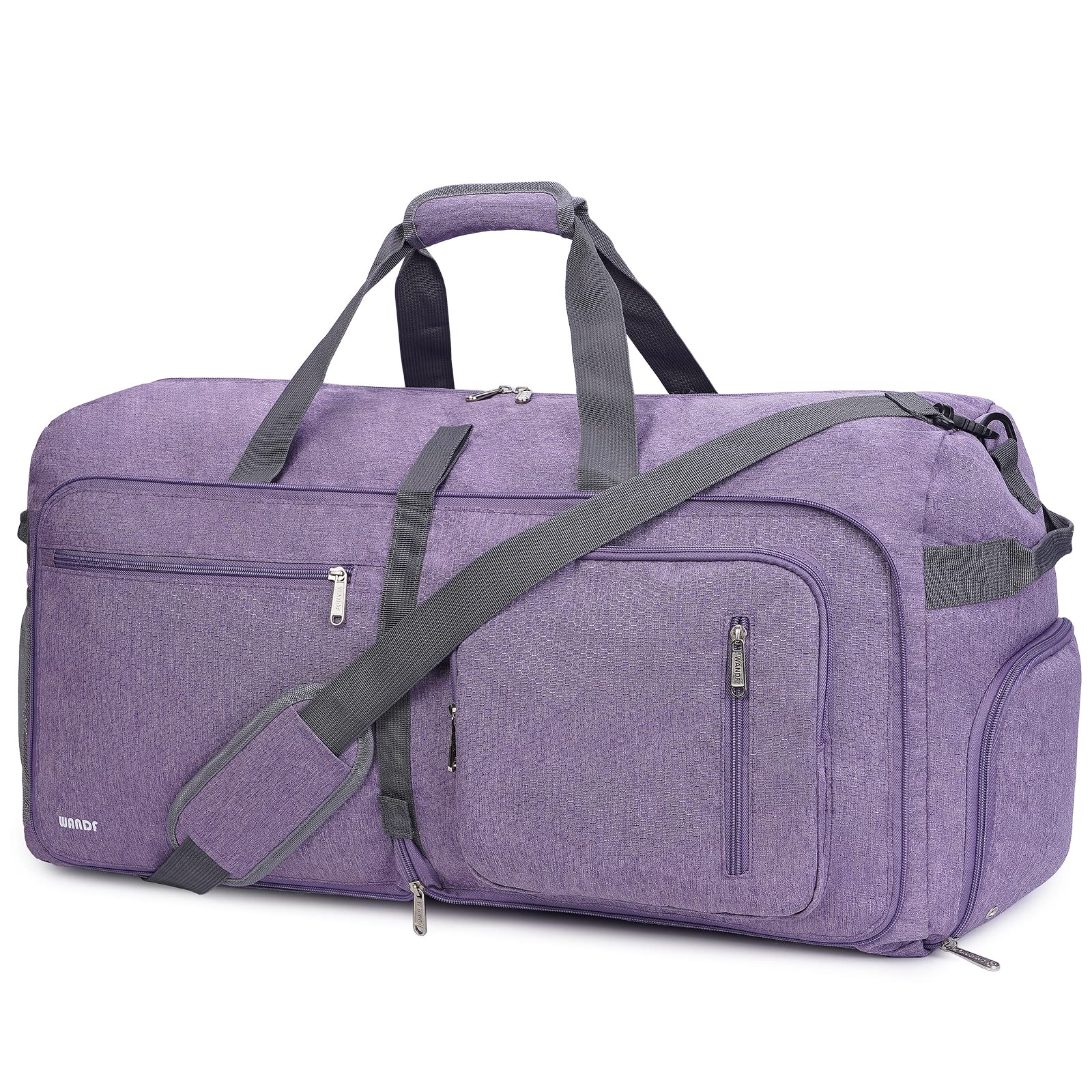 WANDF Travel Duffle Bag 65L with Shoes Compartment Foldable Overnight Weekender Bag Carry On Bag for Men Women (Purple)