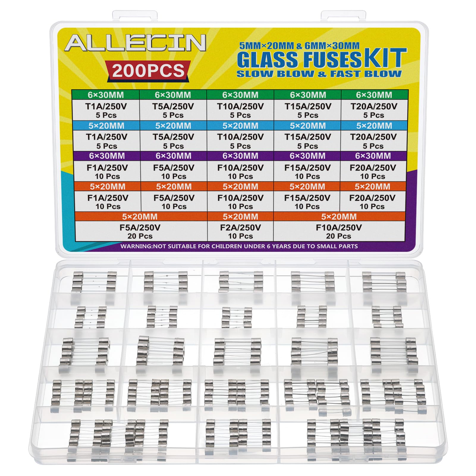 ALLECIN 21 Values Glass Fuses Fast Slow Blow Assorted Kit 5x20MM 6x30MM Quick Glass Fuse F 1A 2A 5A 10A 15A 20A Time Delay T 1 5 10 15 20 Amp Glasses Tube Fusible Set 250V 5x20 6x30 MM