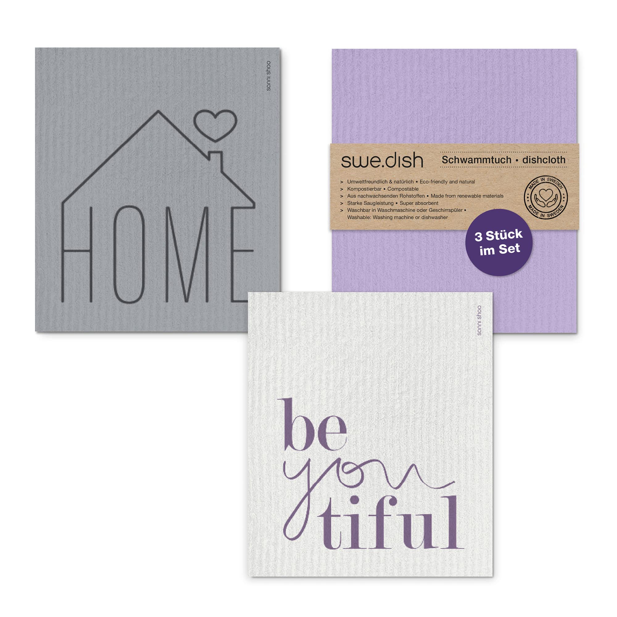 Sponge Cloths, Dish Cloths, Beautiful Washing Up Sponge Kitchen with Cotton and Wood Cellulose Design Sustainable Eco Biodegradable Gift Set of 3 Home Theme Purple