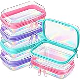Sanwuta 6 Pcs Clear Hard Zipper Case Plastic Zipper Pouches Transparent Makeup Bag Pencil Case Pouches Toiletry Diaper Bag for Travel Toy Storage Organizer Bins(Holographic,5 x 3 x 2 Inch)