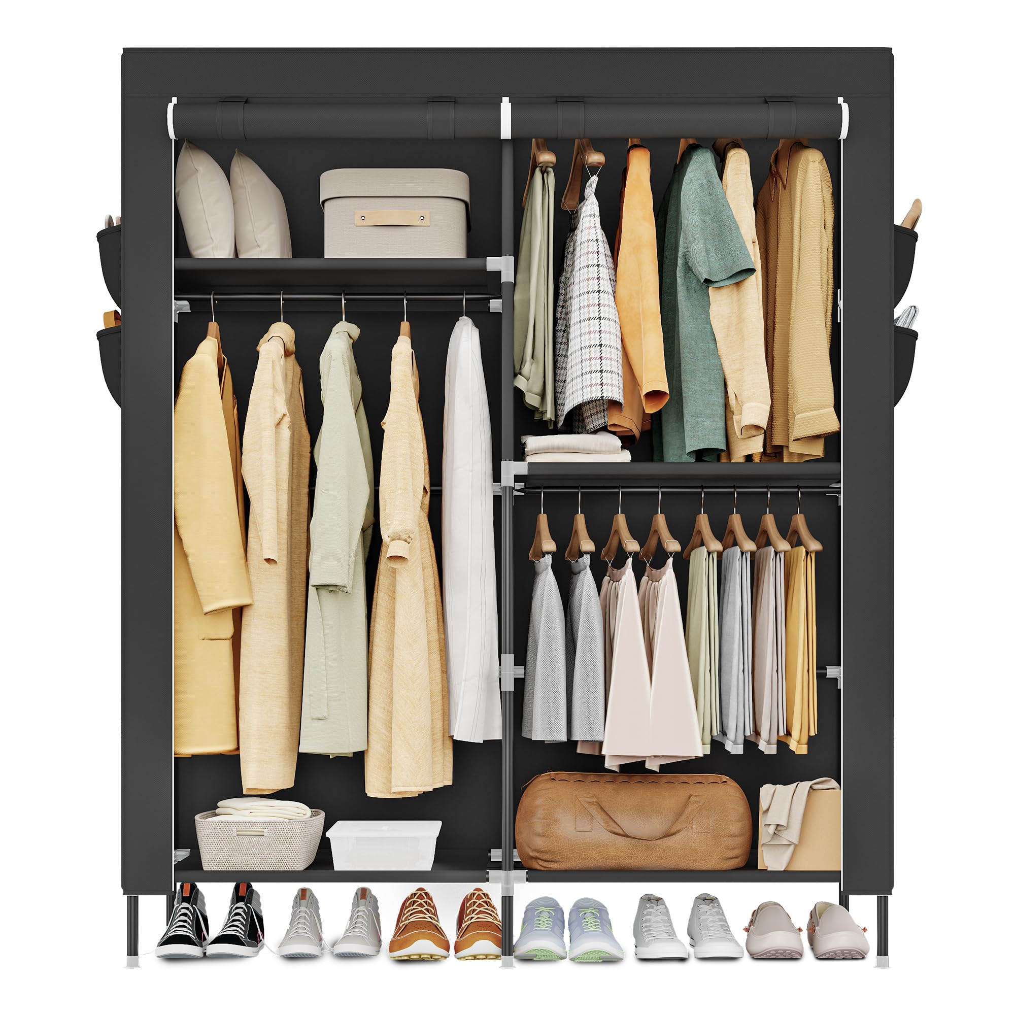 SONGMICS Kleiderschrank, Stoffschrank für Schlafzimmer, Schrank mit Kleiderstange, Ablagen, Seitentaschen, groß, 3 Hängefächer, 45 x 127 x 180 cm, schwarz RYG010BZ02
