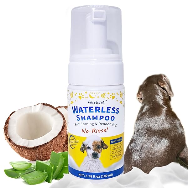 PETSTORAL WATERLESS DOG SHAMPOO NO RINSE PUPPY DRY HYPOALLERGENIC SHAMPOO AND CONDITIONER – SOOTHING AND DEODORIZING QUICKLY CLEANS SMELLY DOGS AND CATS (3.38 FL OZ/100ML)