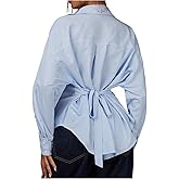 GORGLITTER Women's Striped Collared Shirt Vintage Long Sleeve Tie Back Button Up Coquette Shirt Aesthetic Work Tops