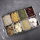 KIMISS Box Seasoning Organizer Box 8 Grids Stainless Steel Jars Spices Container Set Rack with Lids And Spoons for Salt Snacks Flour Dry Goods Fruits