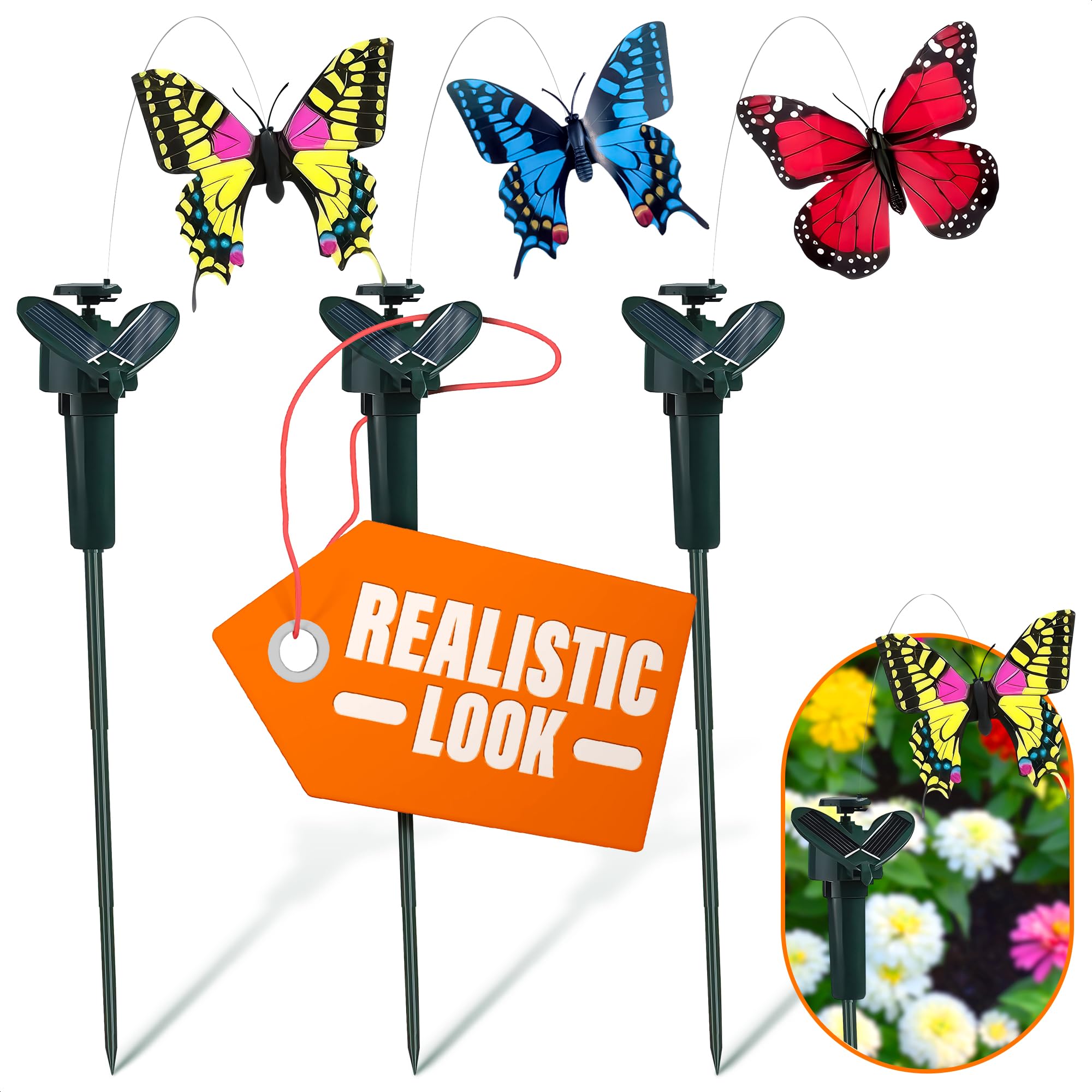 Photo 1 of 3 Pcs Fluttering Solar Butterfly Garden Stakes - Waterproof Flying Butterflies for Centerpieces with Alternative Energy Source, Easy-to-Use - Solar Garden Decorations for Yard (Battery NOT Included)