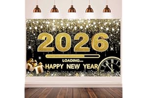 TIMSEKER Happy New Year Banner 2026 - Black and Gold Backdrop - 70 x 43 Inches New Year Eve Photo Booth Background Party Supp