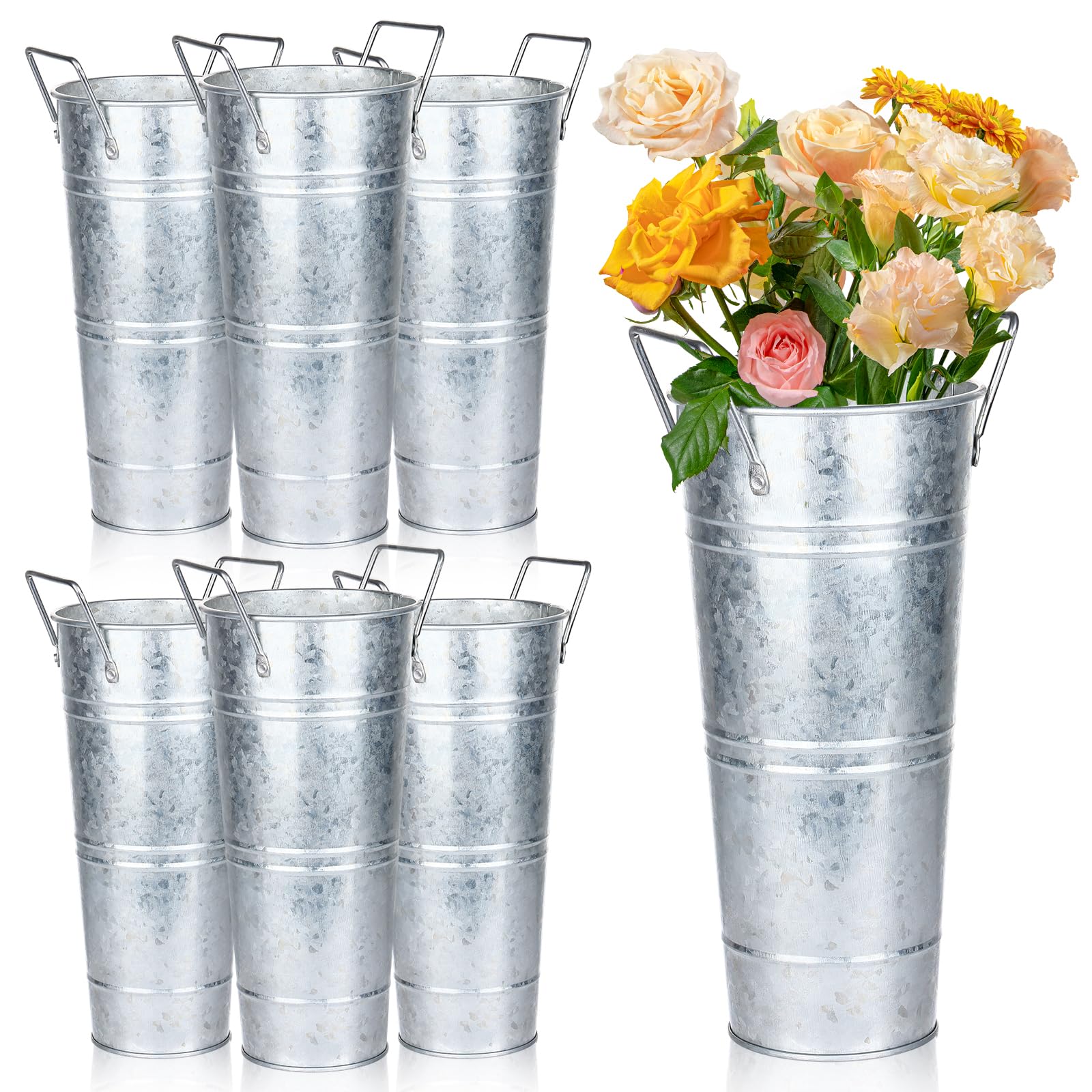 Photo 1 of 6 Pcs Galvanized Bucket Flower Bar, 10 Inch Flower Bucket and Metal Vase with Handles, Flower Bar Supplies and Buckets Farmhouse Vases for Wedding and Cut Flower,Balcony Garden (Silver)