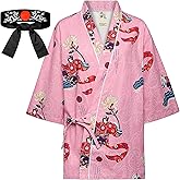 Alijulice Japanese Sushi Restaurant Chef Coat Uniforms, 3/4 Sleeve Kimono Floral Workwear Jacket with Dragon Black Headband