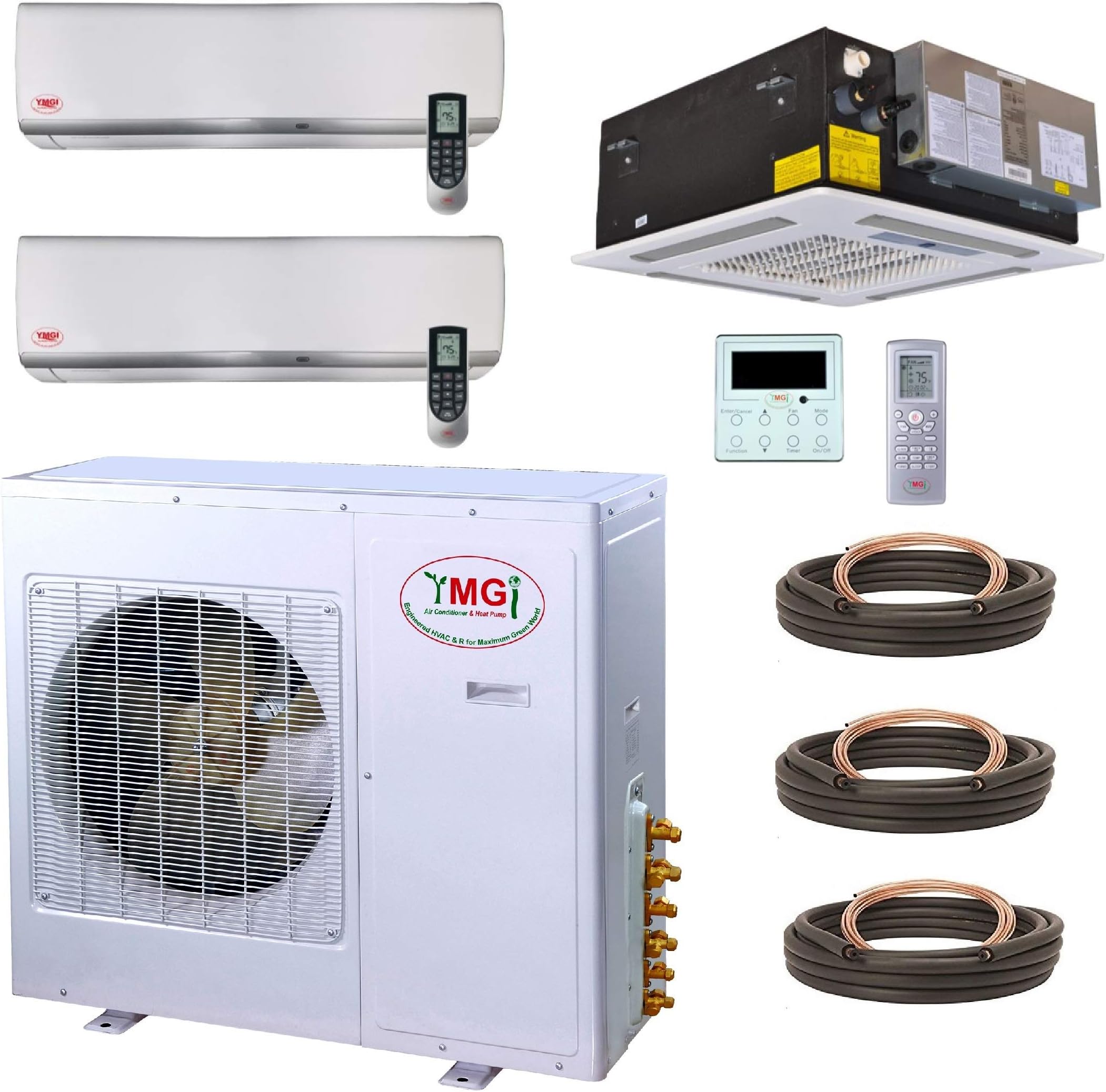 YMGI Tri Zone - 36000 BTU 3 Ton 21 SEER (9000+9000+18000) Wall Mount plus Ceiling Suspension Ductless Mini Split Air Conditioner with Heat Pump for Home, Office, Apartment