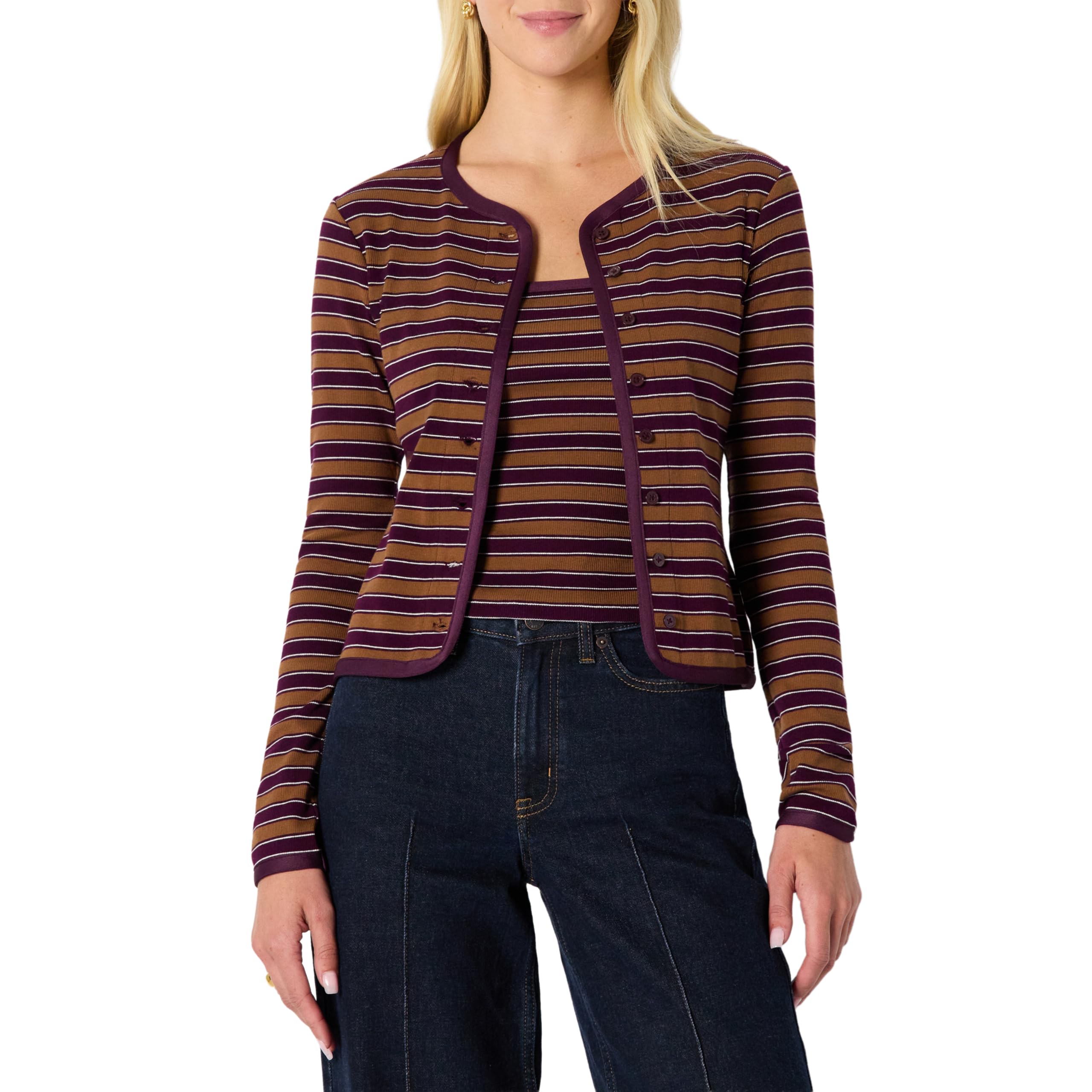 Photo 1 of Amazon Essentials (Demi's Pick) Women's Slim-Fit Ribbed Cardigan & Cami Set with Removable Straps, Burgundy Brown Stripe, Large
