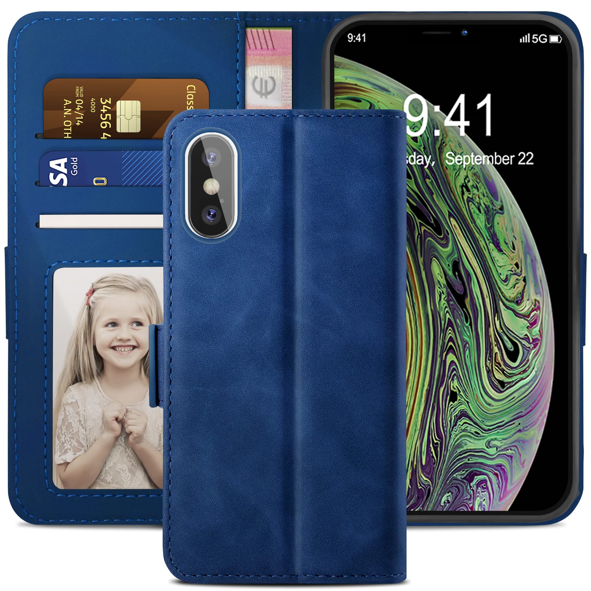 YATWIN Case Compatible for iPhone X/XS, Magnetic Closure Flip Leather Wallet Case with Card Slot and Shockproof Function Kickstand Phone Cases Cover Compatible for iPhone X/XS - Blue