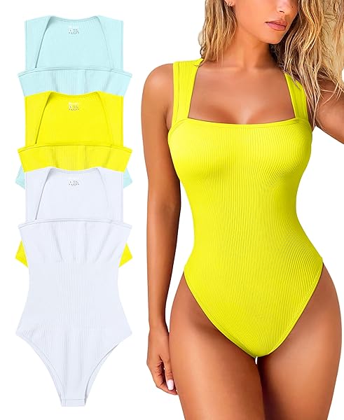 OQQ WOMEN’S 3 PIECE BODYSUITS SEXY RIBBED STRAPPY SQUARE NECK SLEEVELESS TUMMY CONTROL TANK TOPS BODYSUITS SEA SALT BLUE YELLOW WHITE, SMALL