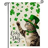 St Patricks Day Cat Garden Flag Lucky Shamrock 12x18 Inch Double SidedOutside Small Burlap Clovers Holiday Patio Farmhouse Seasonal Flag
