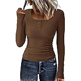 KIRUNDO Womens Long Sleeve Tops Casual Ribbed Knit Henley Button Down Shirts Slim Fit Workout Basic Tees Fashion Clothing
