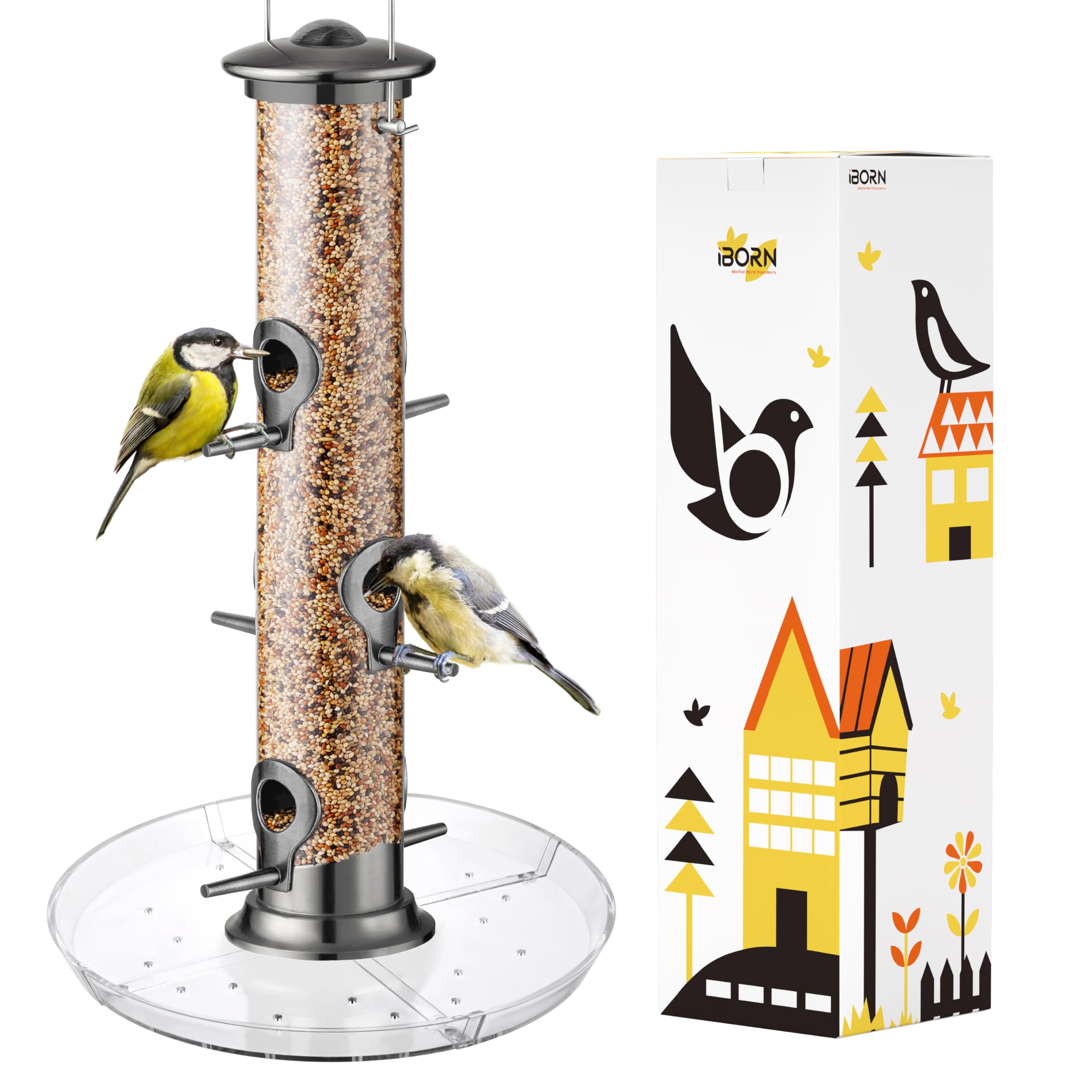 iBorn Bird Feeders Seed Catcher for Outside Hanging 6 Port Bird Feeder for Cardinal Birds Aluminium Metal,Brushed Black Nickel Finishing 14 Inch 6 Port (Seed is not Included)