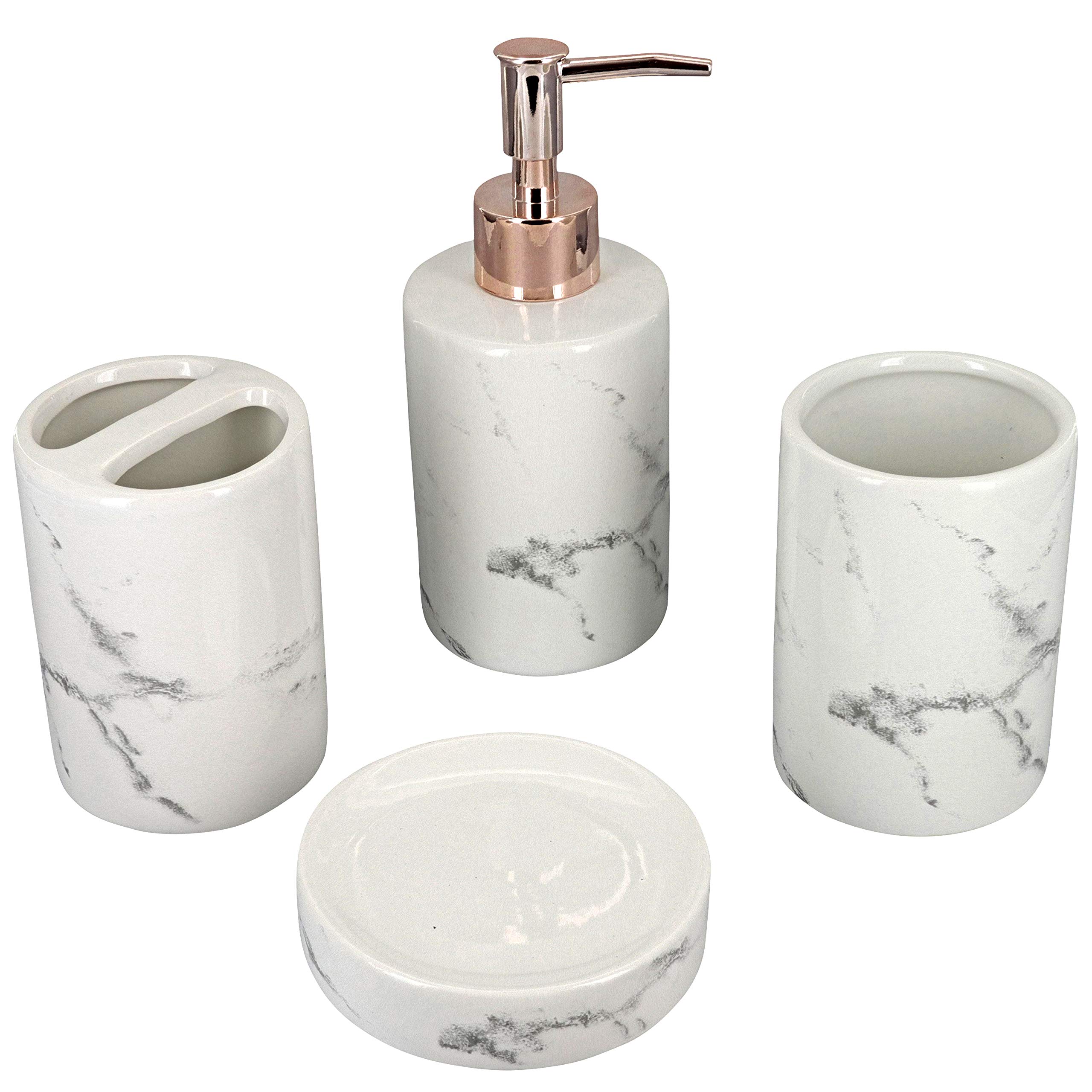 G Decor Designer 4-Piece Cream-White and Rose Gold Marble Ceramic Bathroom Accessory, Includes Liquid Soap or Lotion Dispenser, Toothbrush Holder, Tumbler, Soap Dish