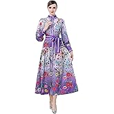 LAI MENG FIVE CATS Women's Vintage Floral Print Long Lantern Sleeve Button Up Loose Fit Party Maxi Dress