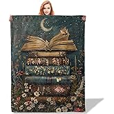Plistiz Floral Book Stack Throw Blanket for Women Girls Boys, Soft Flannel Blankets Gifts for Living Room Couch, Home, Sofa Decor, 50"x60"