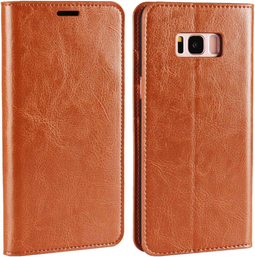 Samsung Galaxy S8 Case, Cavor Crazy Horse Pattern Genuine Leather Case [Wallet Function] Flip Stand Cover Card Slot for Samsung Galaxy S8(Light Brown)