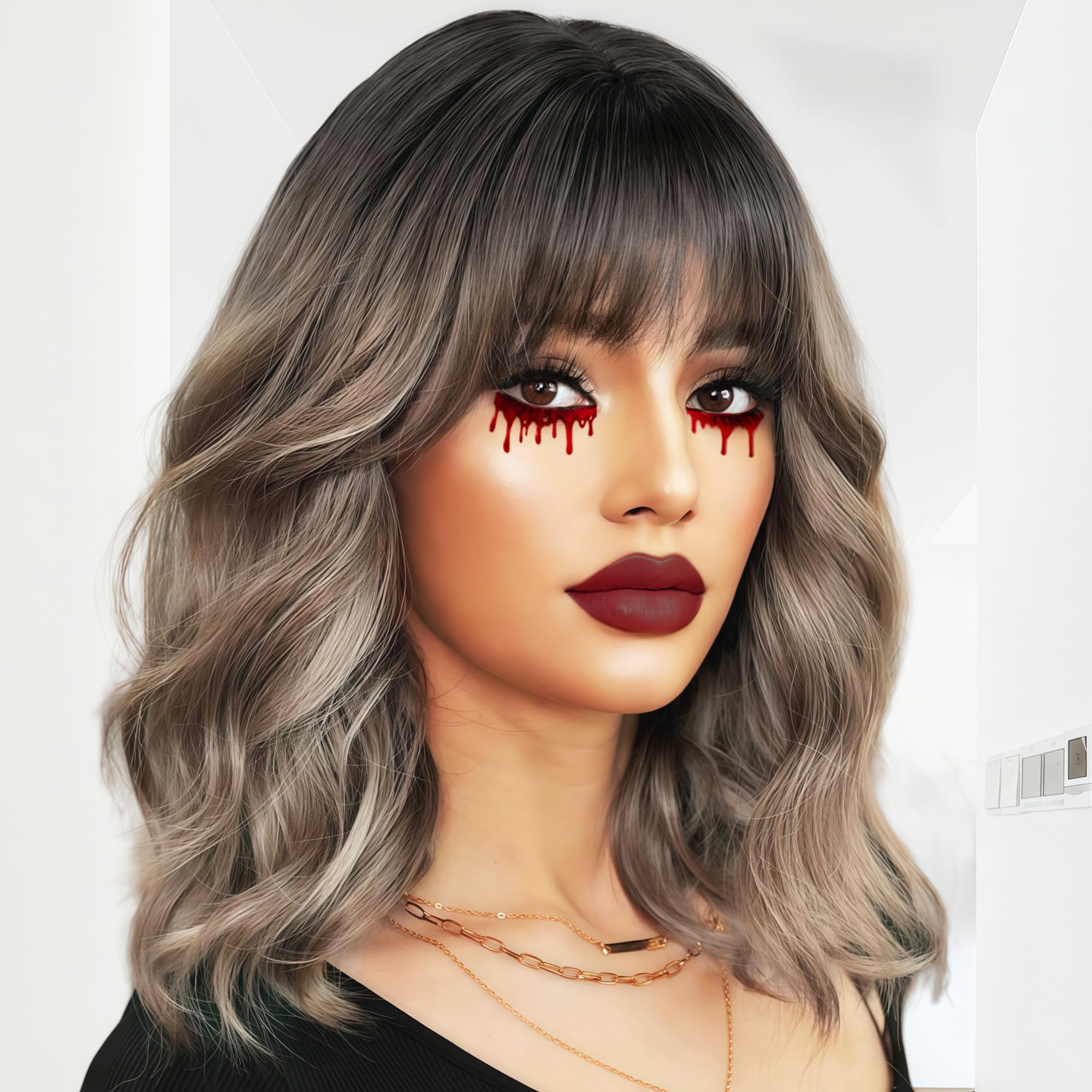 Photo 1 of Miuric Brown Wig with Bangs Ombre Wigs for Women Short Wavy Highligh Wig Shoulder Length Bob Curly Synthetic Hair Dark Brown Wig for Party Daily Use