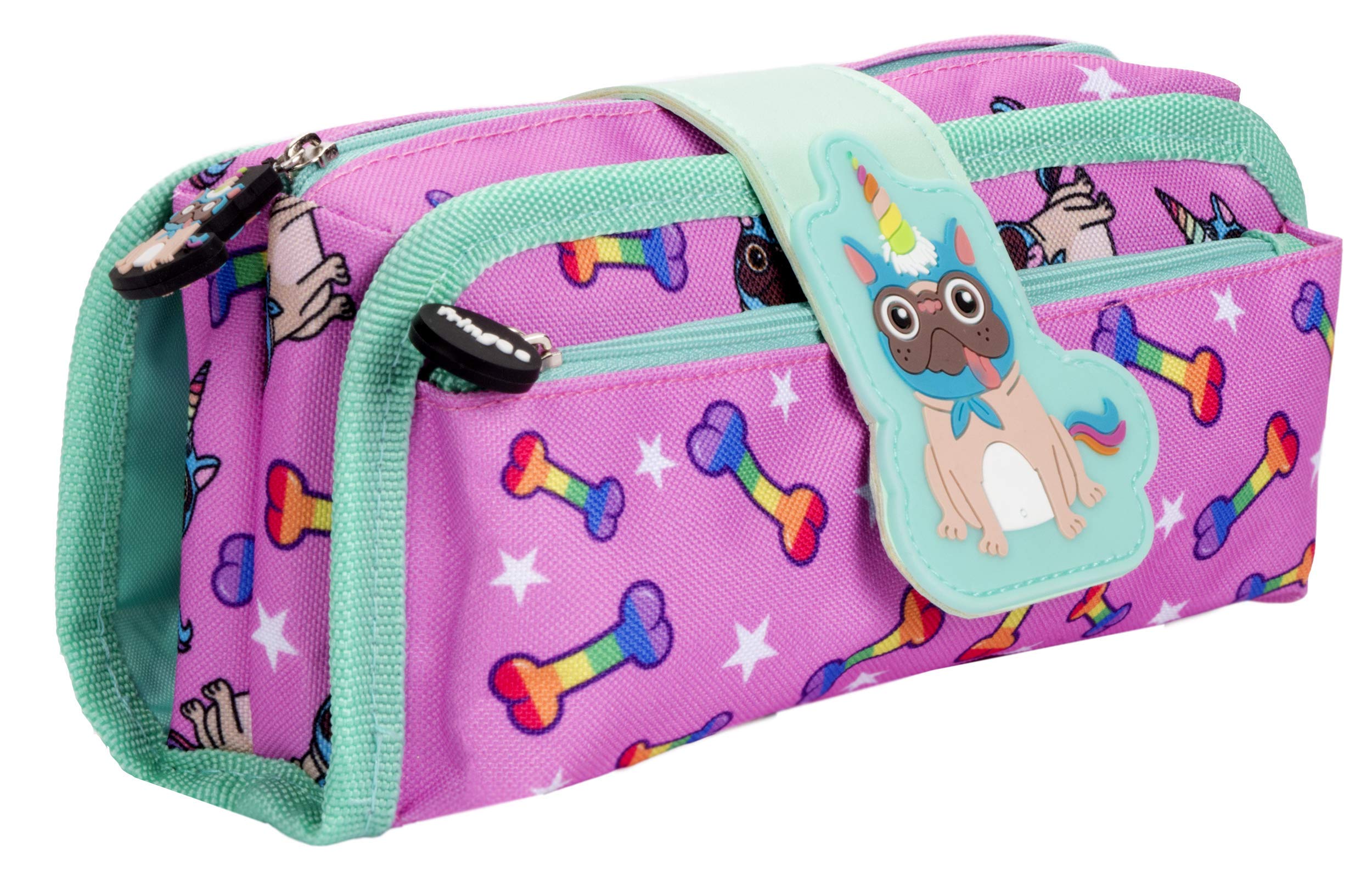 Fringoo Sillicone Patch Kids Pencil Case 2 Zipped Compartments Funny Large Stationery Pouch for Teenagers School University (Pugicorn)