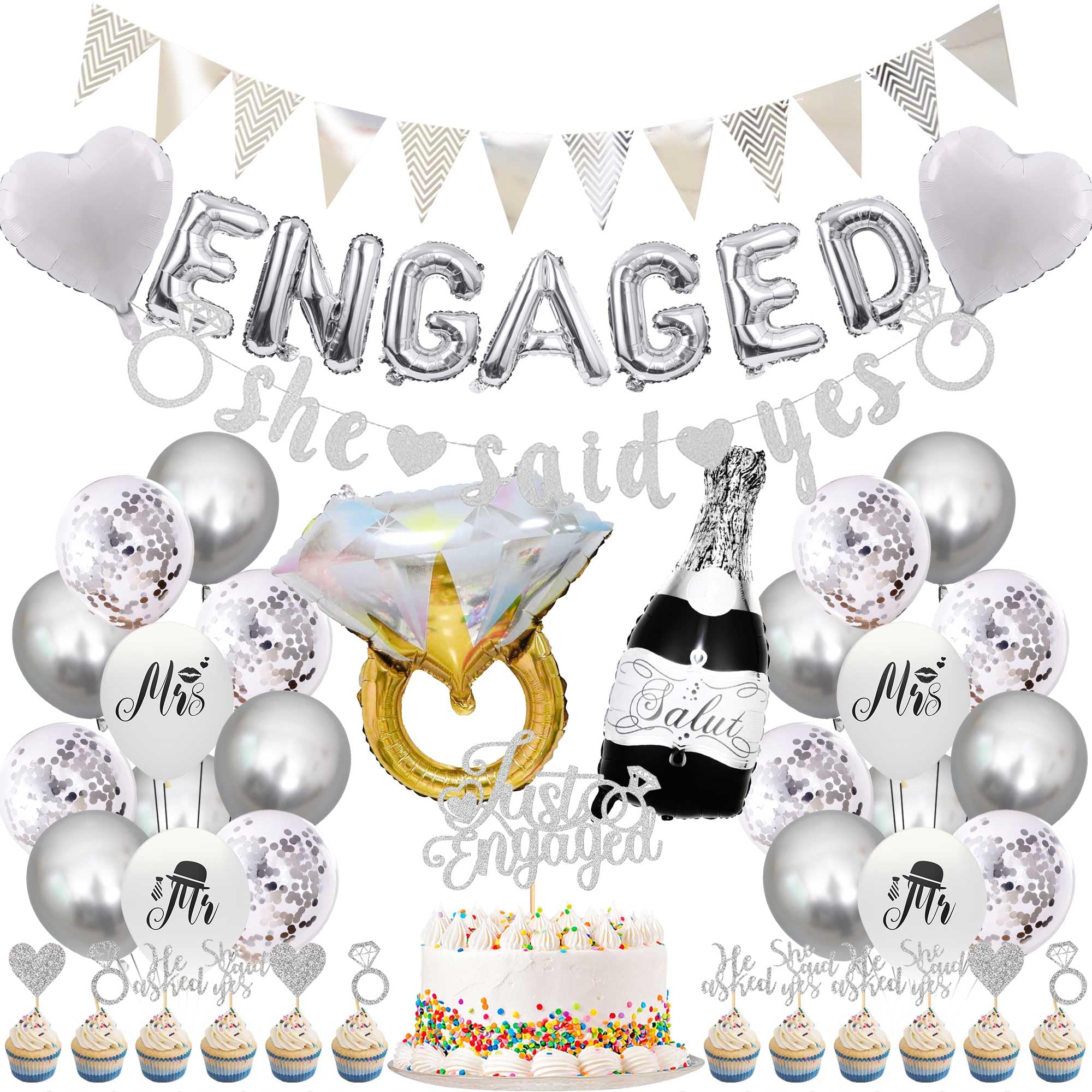Engagement Decorations, Silver ENGAGED Balloons Banner She Said Yes Banner Triangle Bunting Garland Diamond Ring Foil Balloon Cake Toppers Printed Balloons for Wedding Engagement Party Bridal Shower