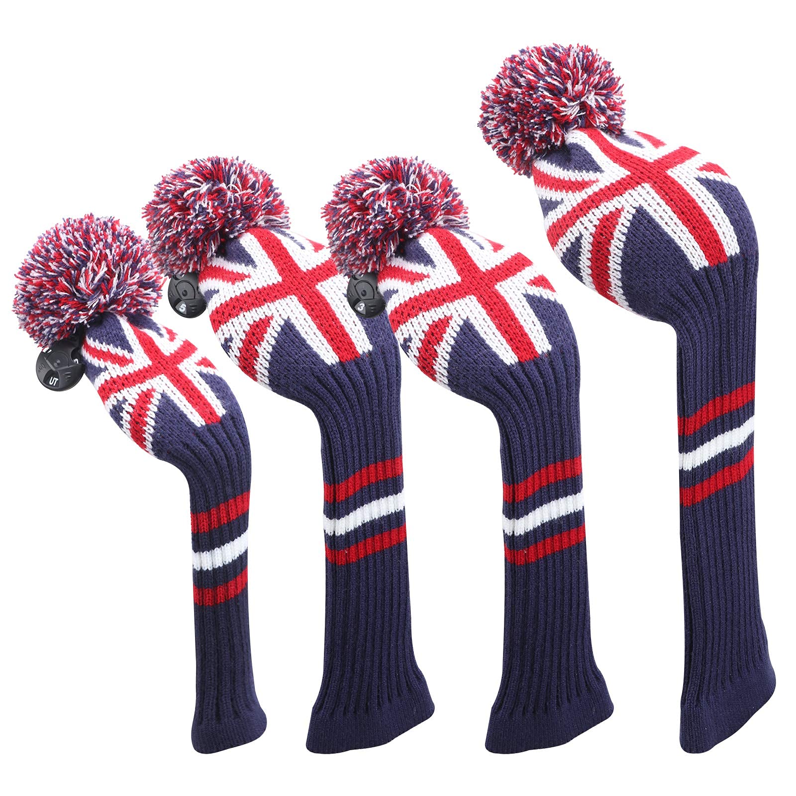 Big Teeth Golf Wood Club Headcovers Knitted PomPom Set 4packs 460cc Driver Fairwaywood Hybrid UT Rescue Club Protection Flag Design(UK Flag)
