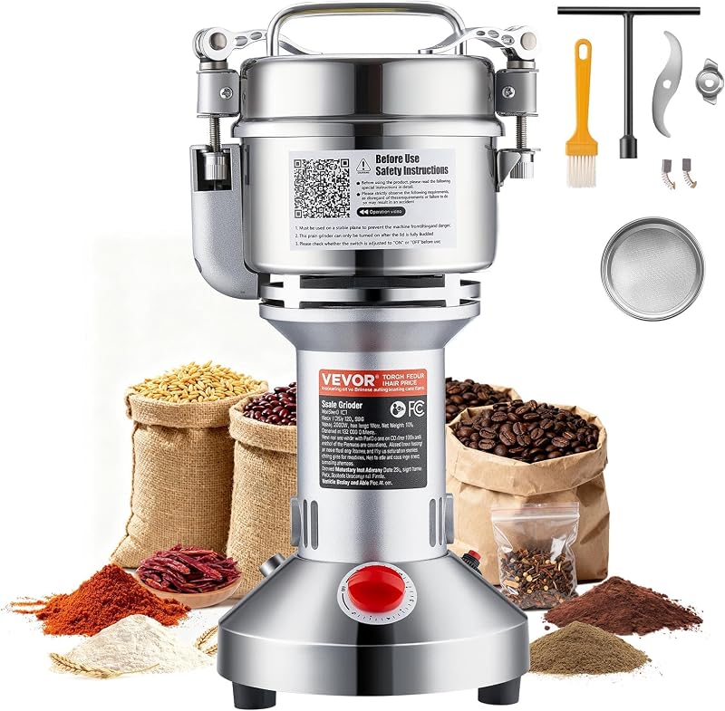 300g Mulino Elettrico per Cereali, Macina Spezie Commerciale Alta Velocità 1500 W, Macchina Polverizzazione in Acciaio Inox, per Cereali Secchi, Spezie, Caffè, Mais, Pepe, Tipo Oscillante