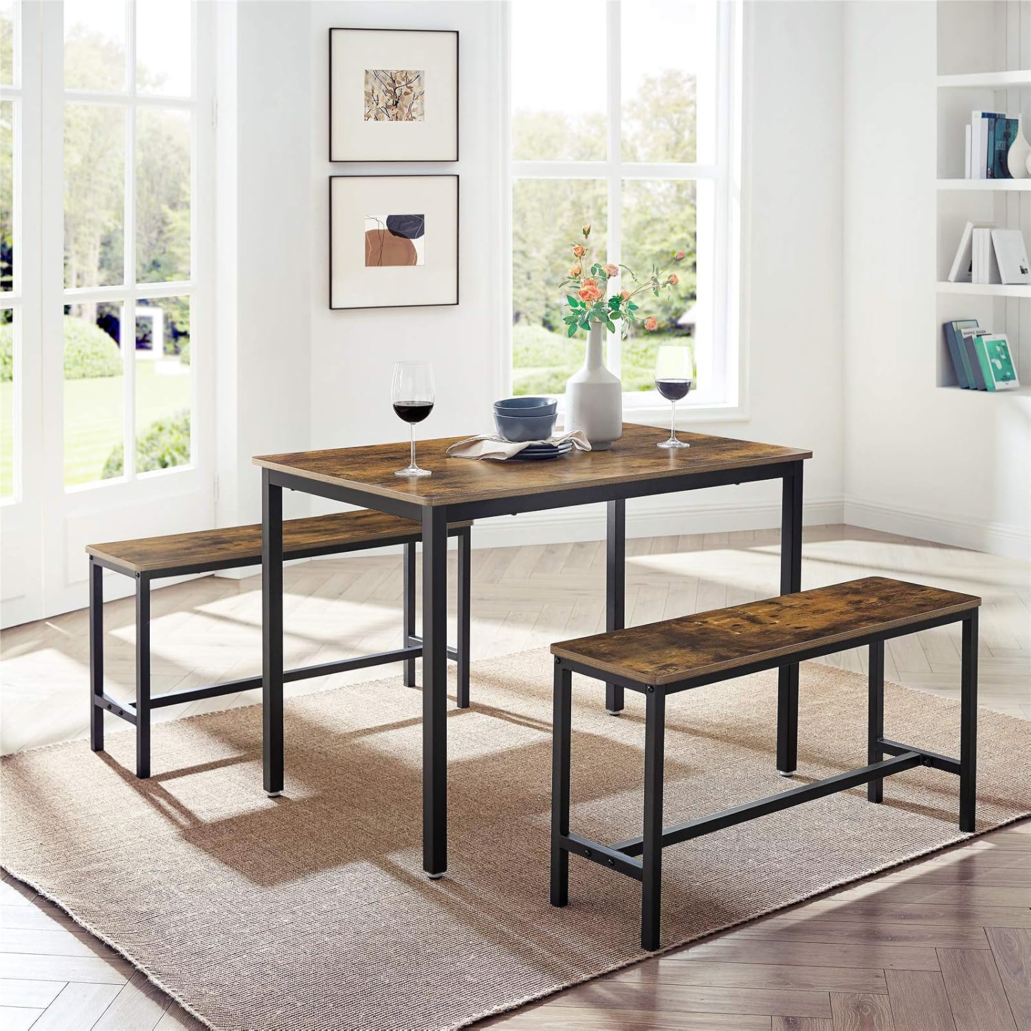 VASAGLE ALINRU Dining Table with 2 Benches, 3 Pieces Set, Kitchen Table of 39.4 x 27.6 x 29.5 Inches, Bench of 38.2 x 11.8 x 19.7 Inches Each, Industrial Design, Rustic Brown and Black UKDT070B01 - Table & Chair Sets