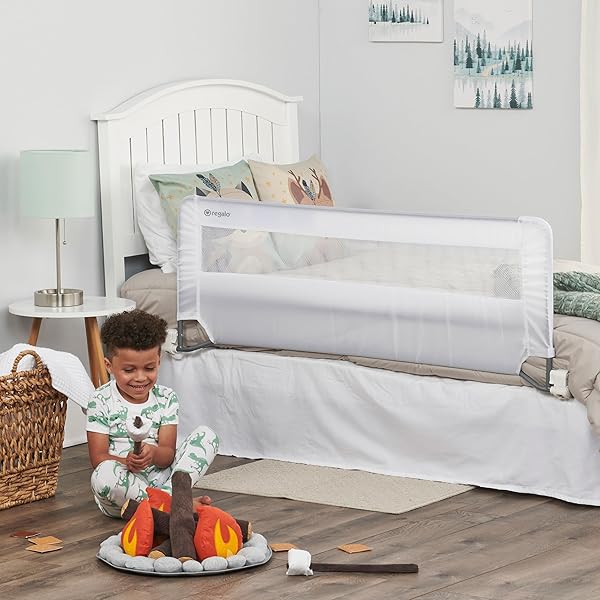 REGALO SAFETY 54” EXTRA LONG BED RAIL GUARD FOR TODDLERS, SWING DOWN TODDLER BED RAIL WITH REINFORCED ANCHOR SAFETY SYSTEM, 20” TALL BED SAFETY RAIL, FITS TWIN, FULL & QUEEN BEDS