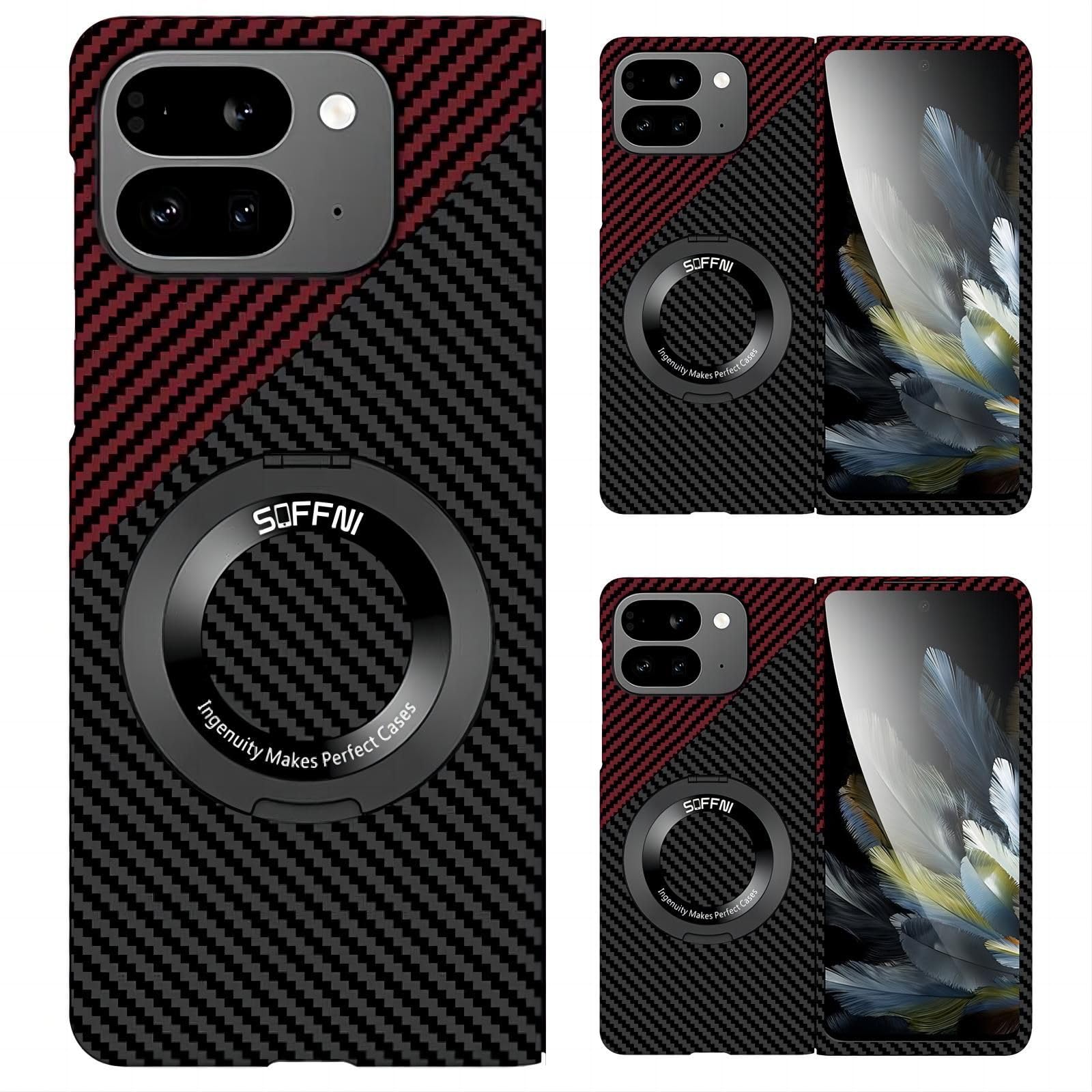 Hülle Case for Pixel 9 Pro Fold Cover Carbon Fiber Wireless Charge + 360°Rotating Ring Bracket,Curved Shell for Google Pixel 9 Pro Fold(2)