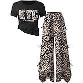 Milumia Girl's 2 Piece Outfits Leopard Top Tee and Loose Casual Wide Leg Pants Sets Streetwear
