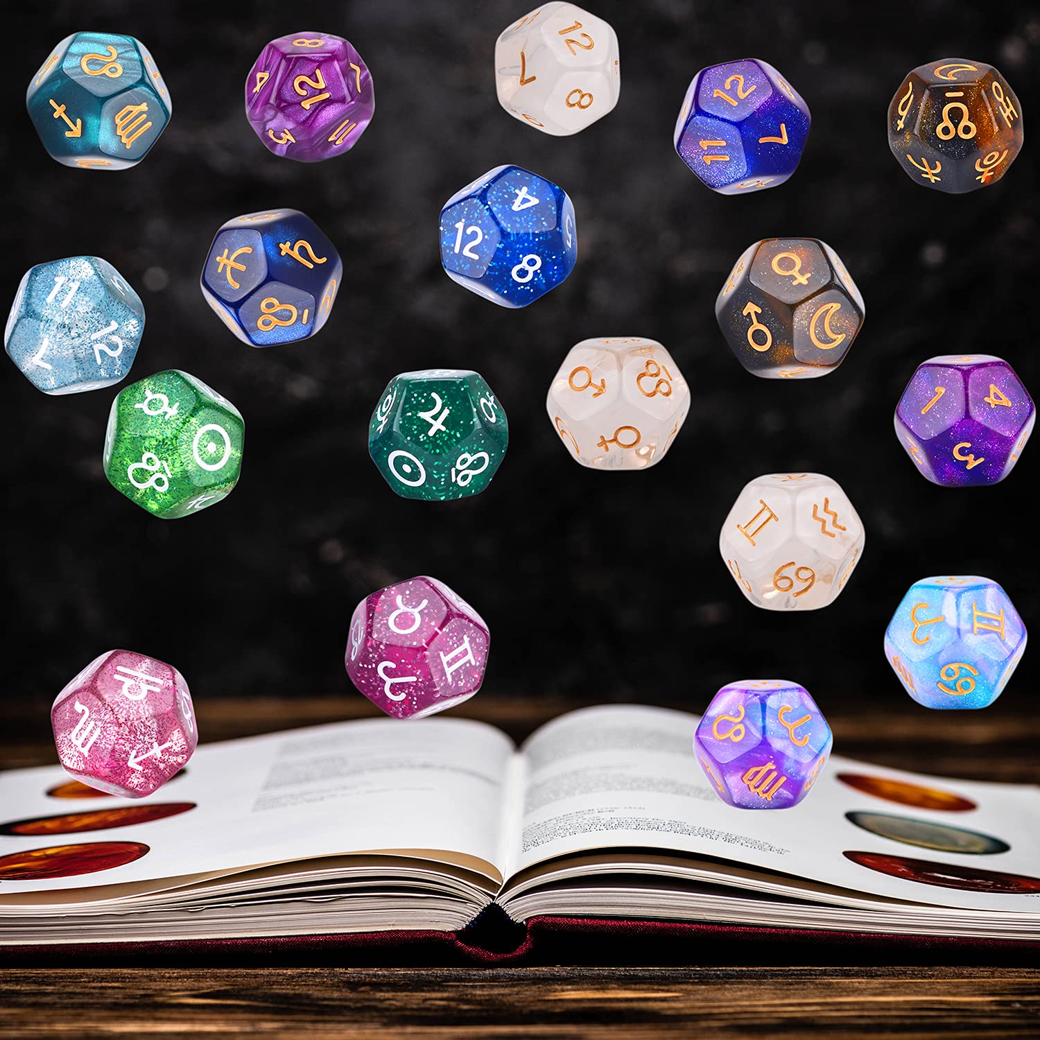 6 Sets Astrology Dice, Signs Planets Numbers 12-Sided Dice Divination Tool